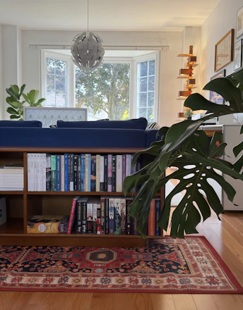 Living room with bookshelf, plants, and bay window