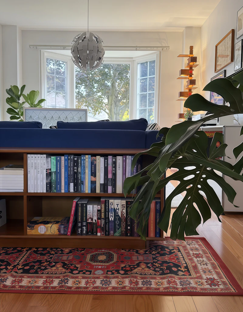 A living room with bookshelves, plants and a bay window