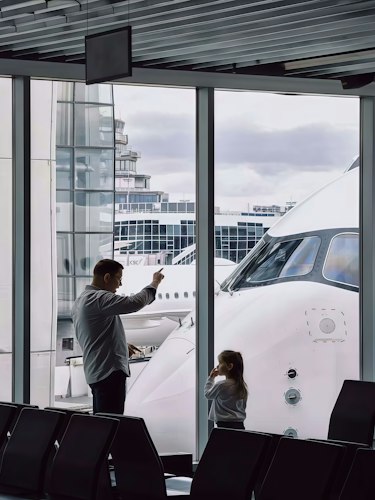 Child looking out an airplane window while wearing headphones during a long flight