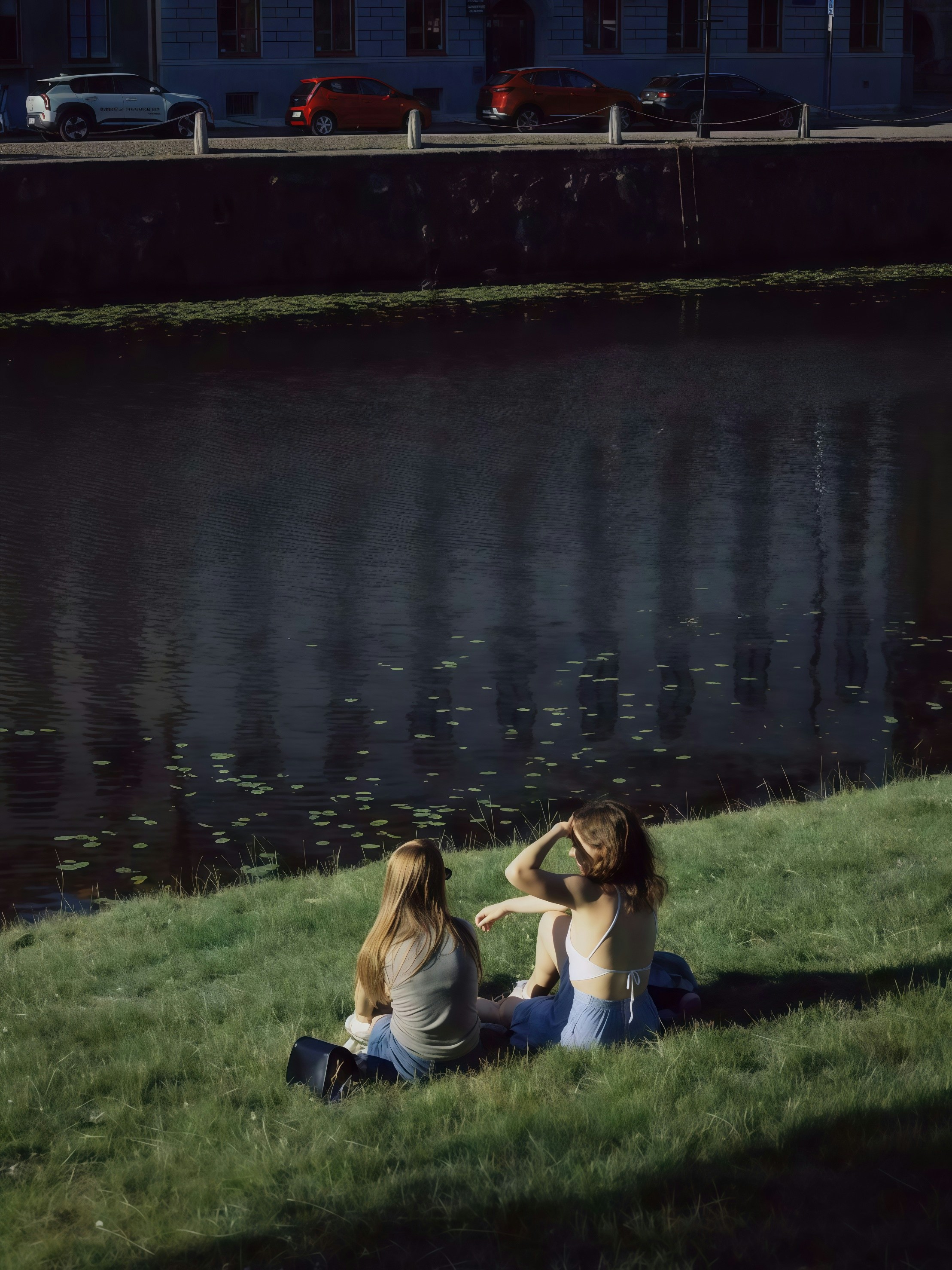 Two women relaxing by a calm river on grass.