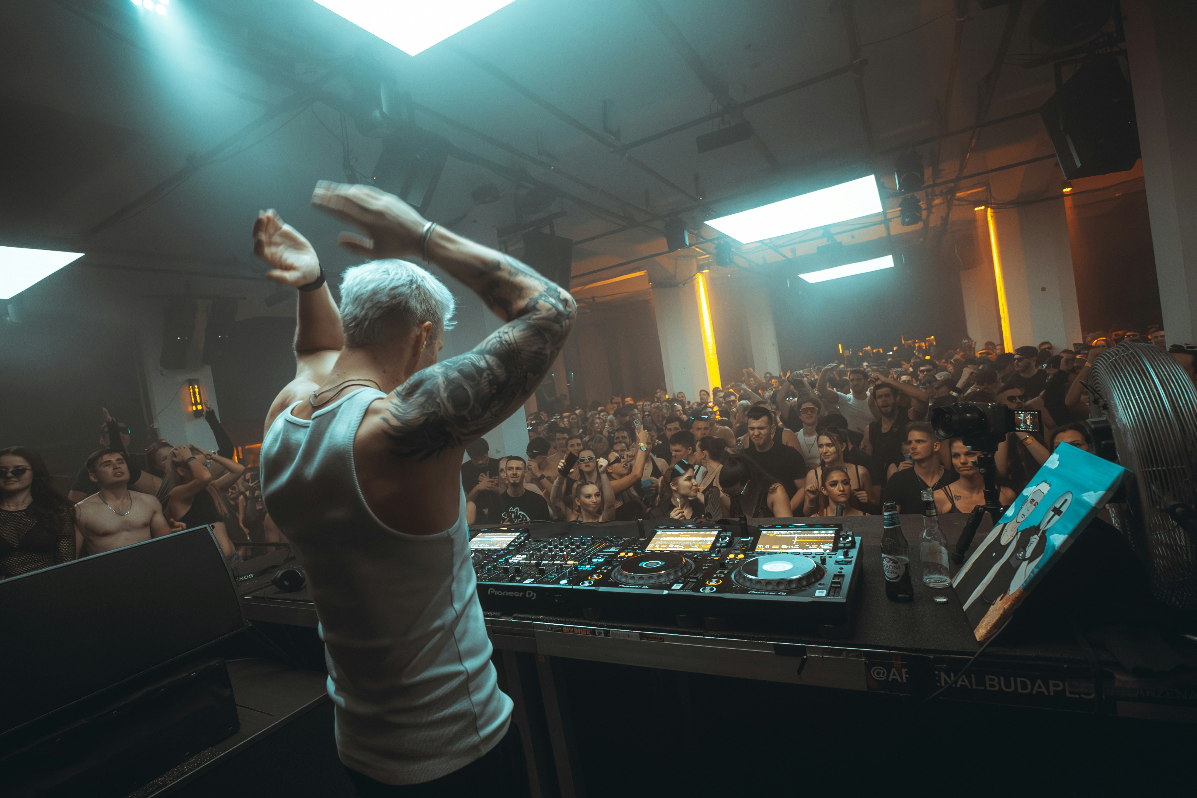 DJ, der vor einem jubelnden Publikum in einem Nachtclub auftritt