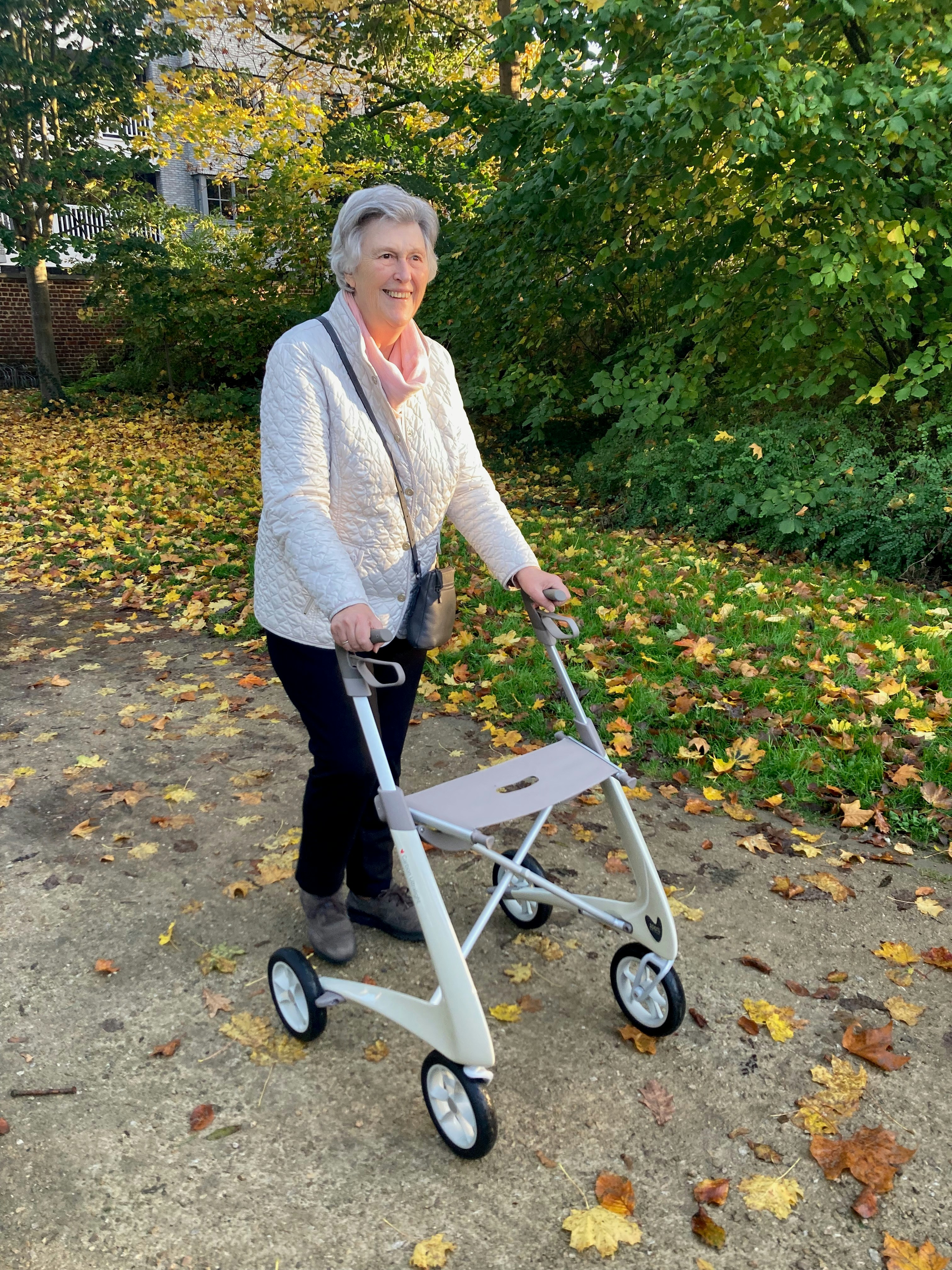 Elderly woman walking with a walker in autumn park.