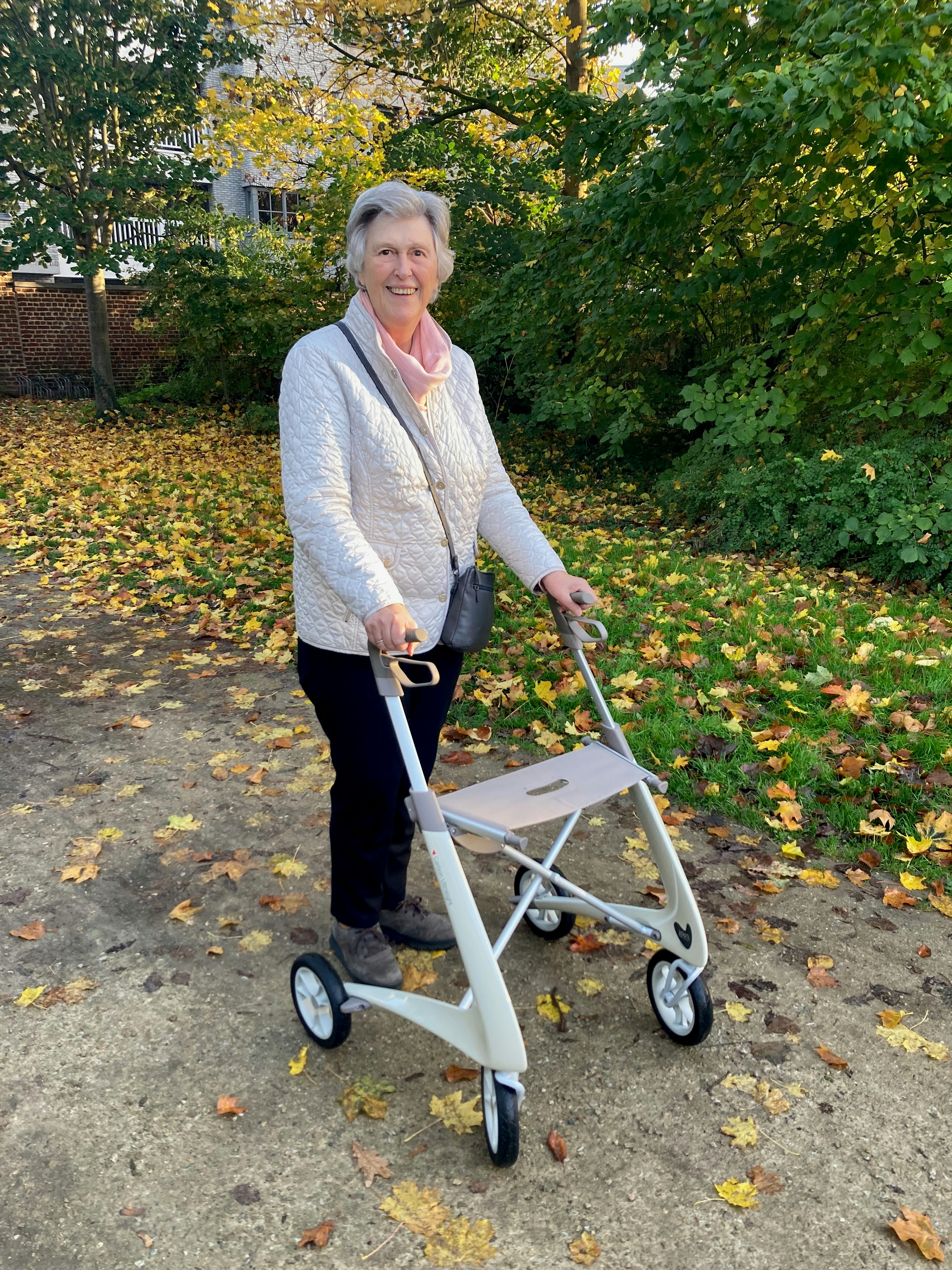 Elderly woman with walker on autumn path