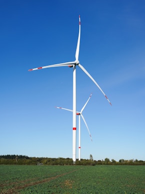 Two wind turbines stand in a green field.