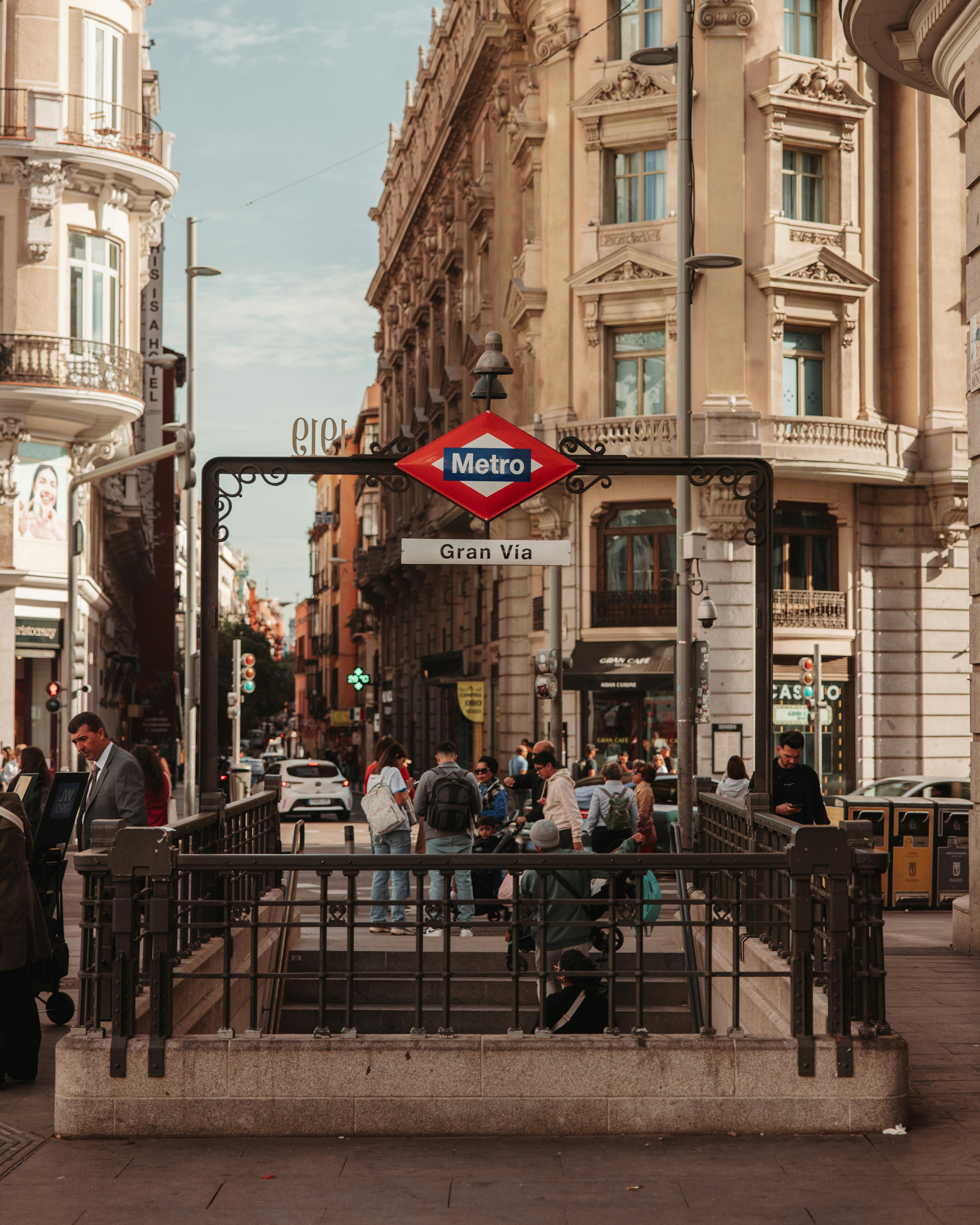 Metro entrance on gran via street with people