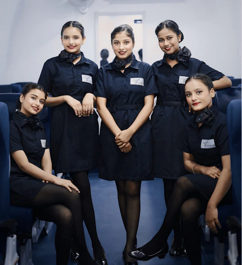 Five women in dark blue uniforms inside airplane