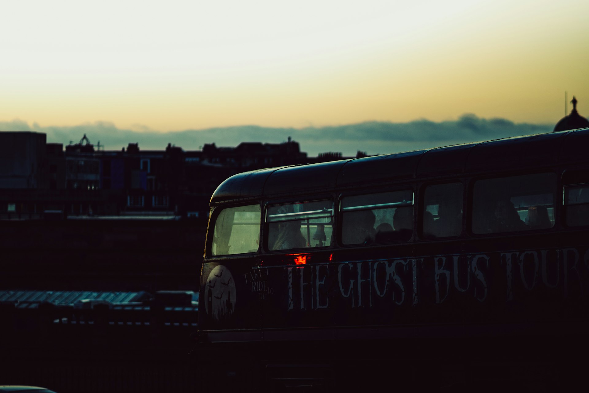 The ghost bus tour vehicle at dusk