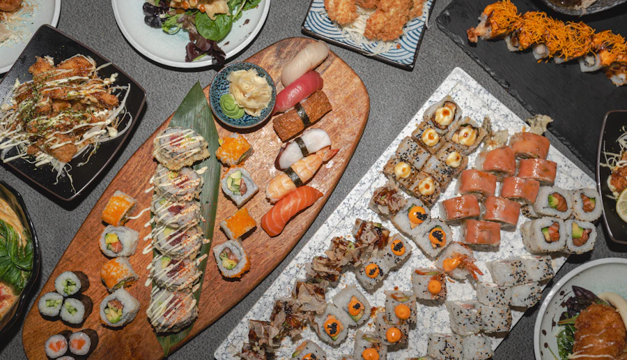 Assorted nigiri and rolls on a platter
