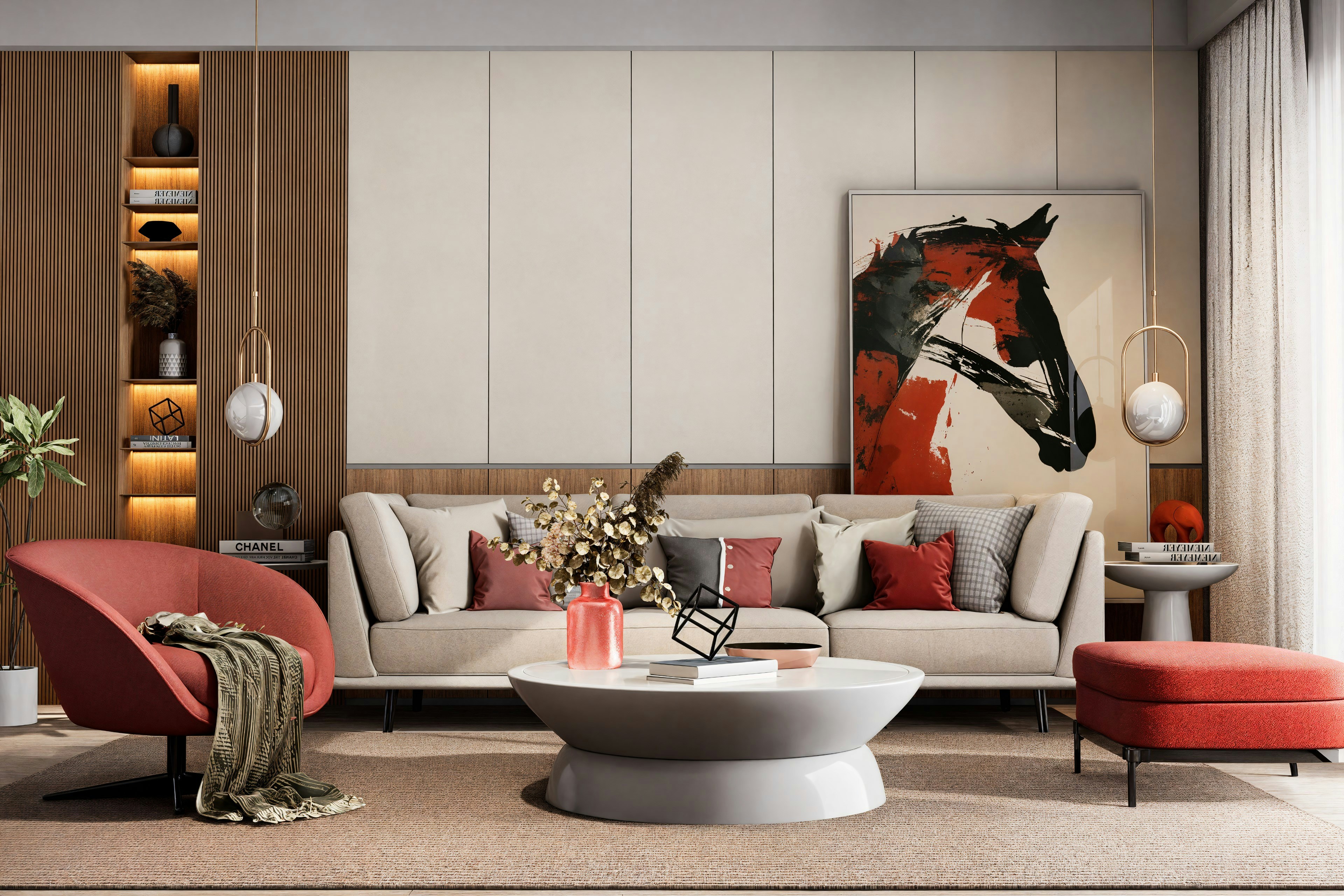 Cozy modern lounge with bold red accents and curated decor elements