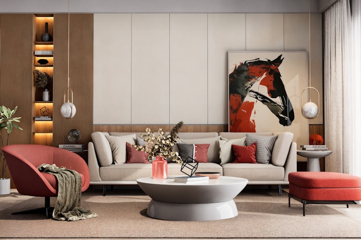 Modern living room with abstract horse painting.