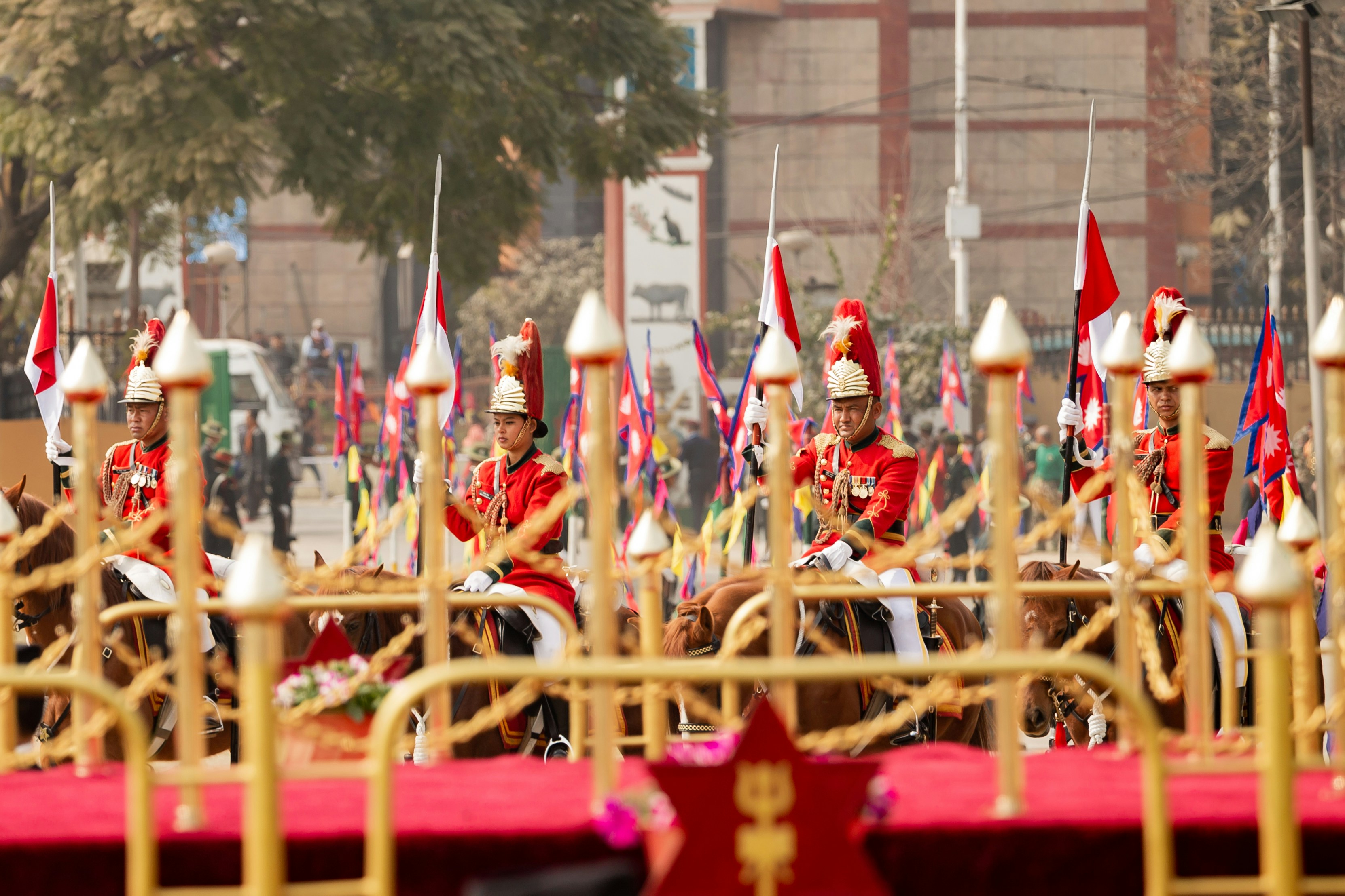 Royal guards on horseback in ceremonial uniform