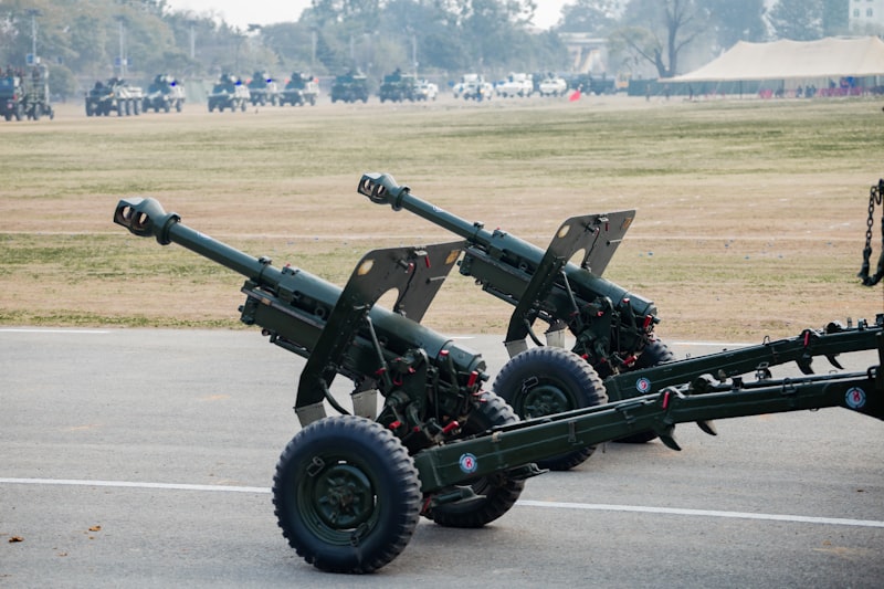 Artillery cannons on display at a military parade