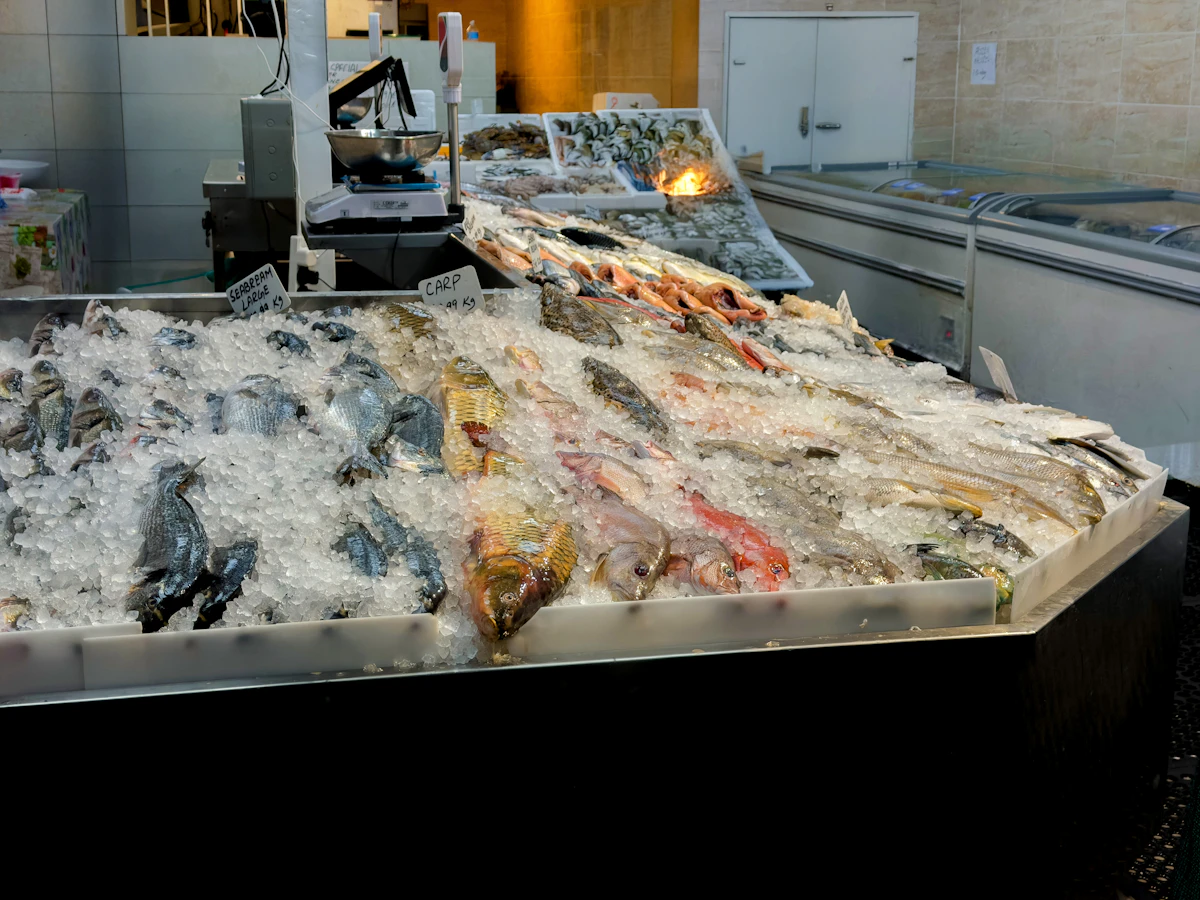 Poissons frais disposés sur un lit de glace dans un étal