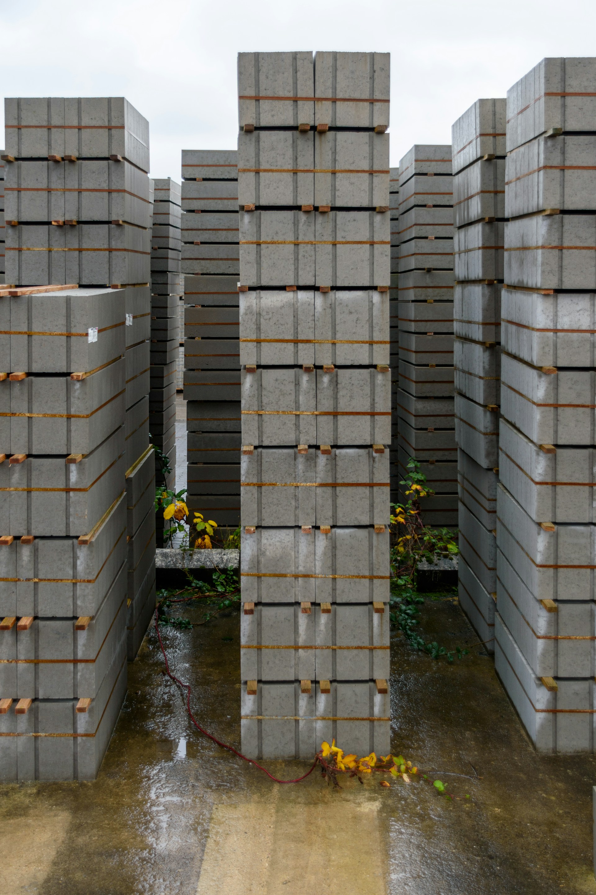 Stacks of concrete paving stones on a wet surface
