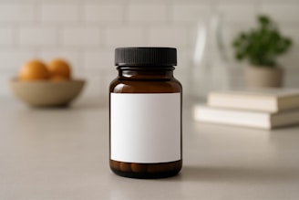Amber bottle with white label on counter