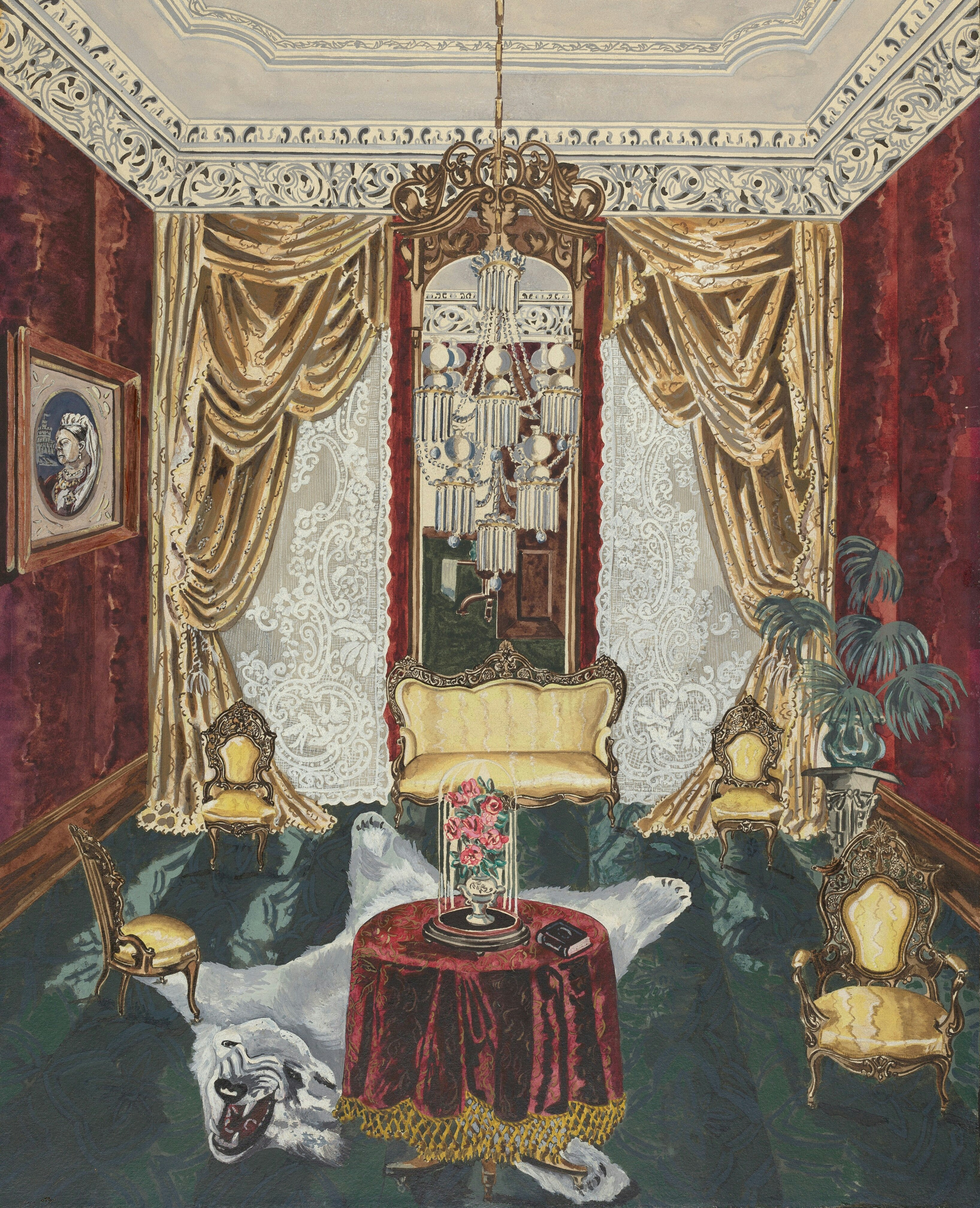 Ornate room with antique furniture and velvet drapes