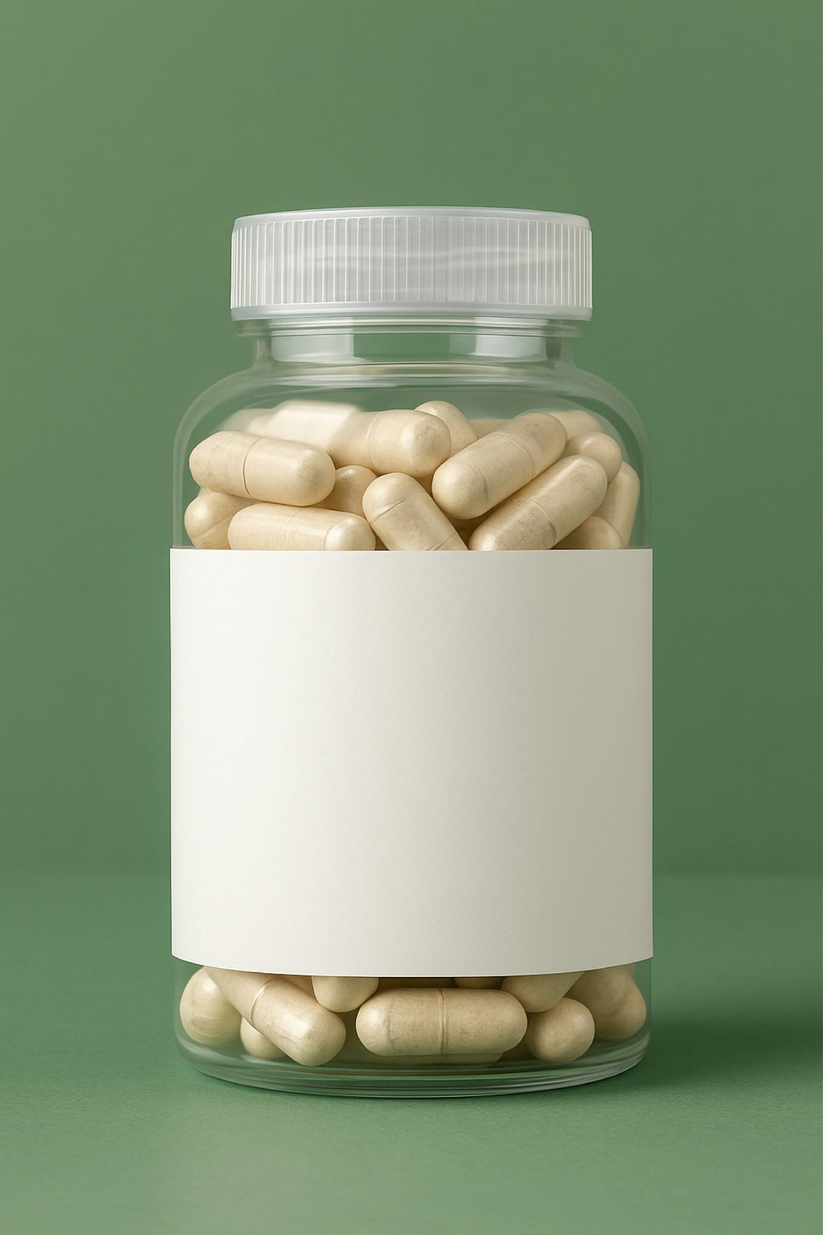 Clear supplement bottle with a blank label, used to illustrate checking product labels