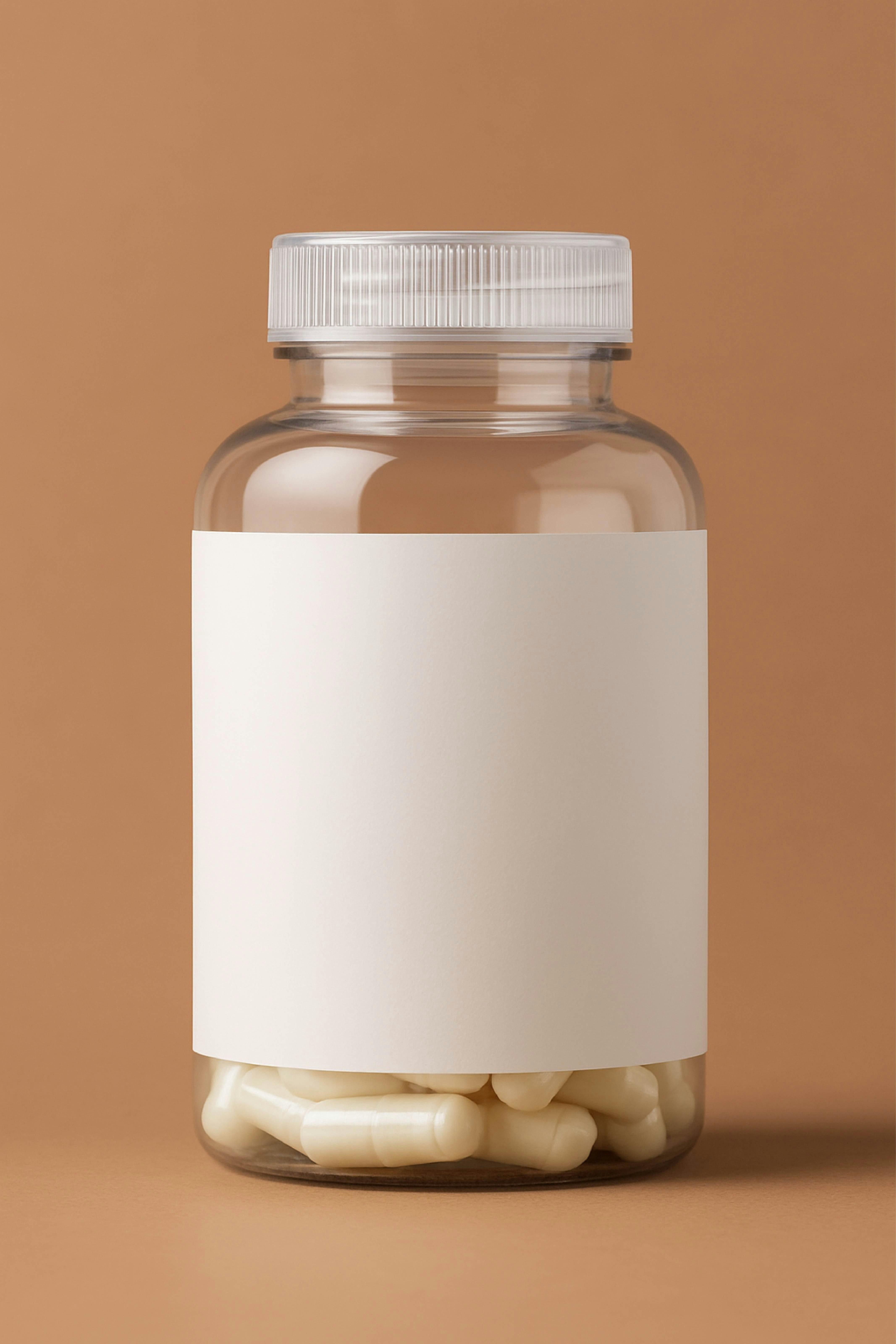 Clear supplement bottle with white cap. Capsules. NutraSeller Manufacturing
