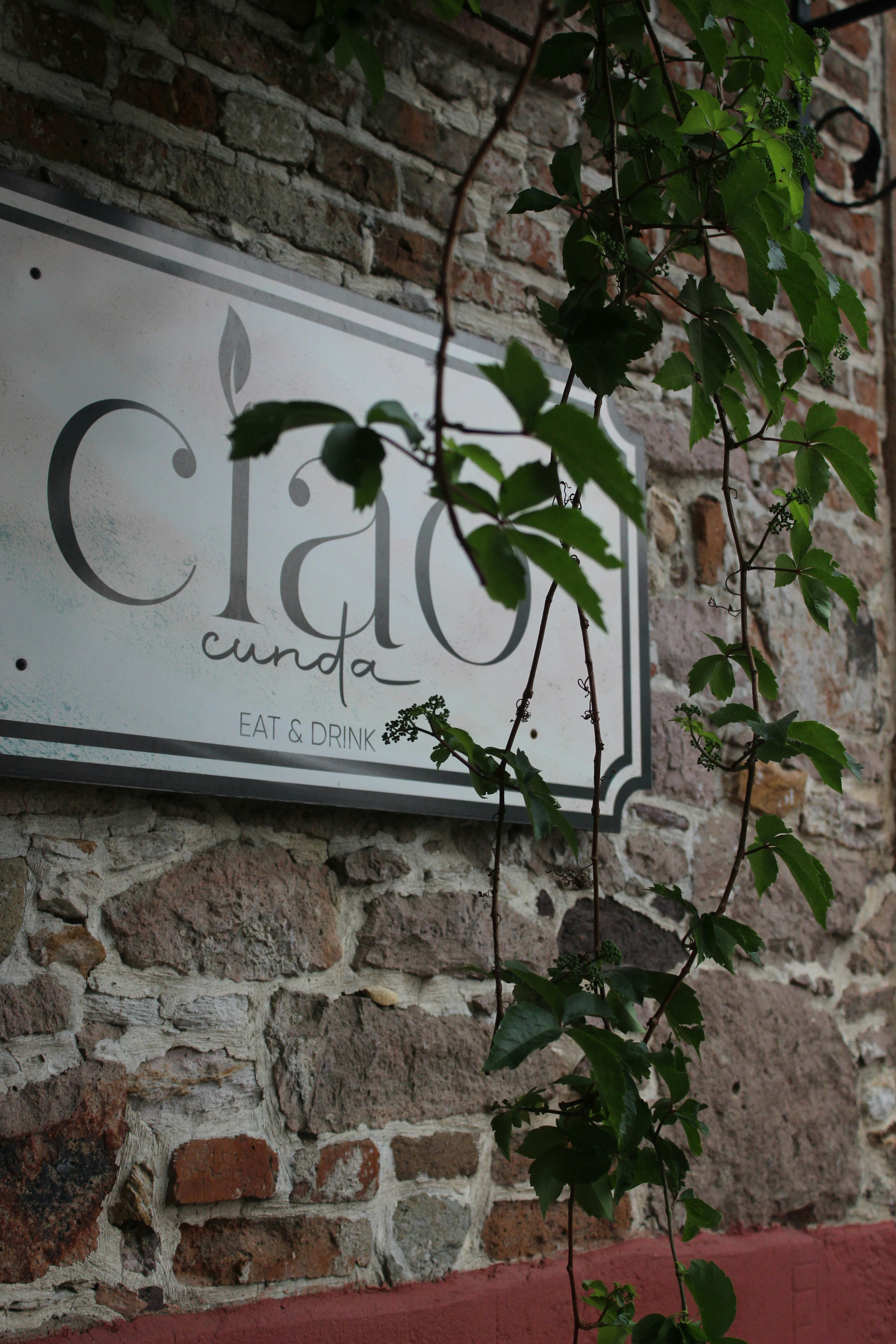 Firma per ciao cunda mangiare e bere sul muro di mattoni.