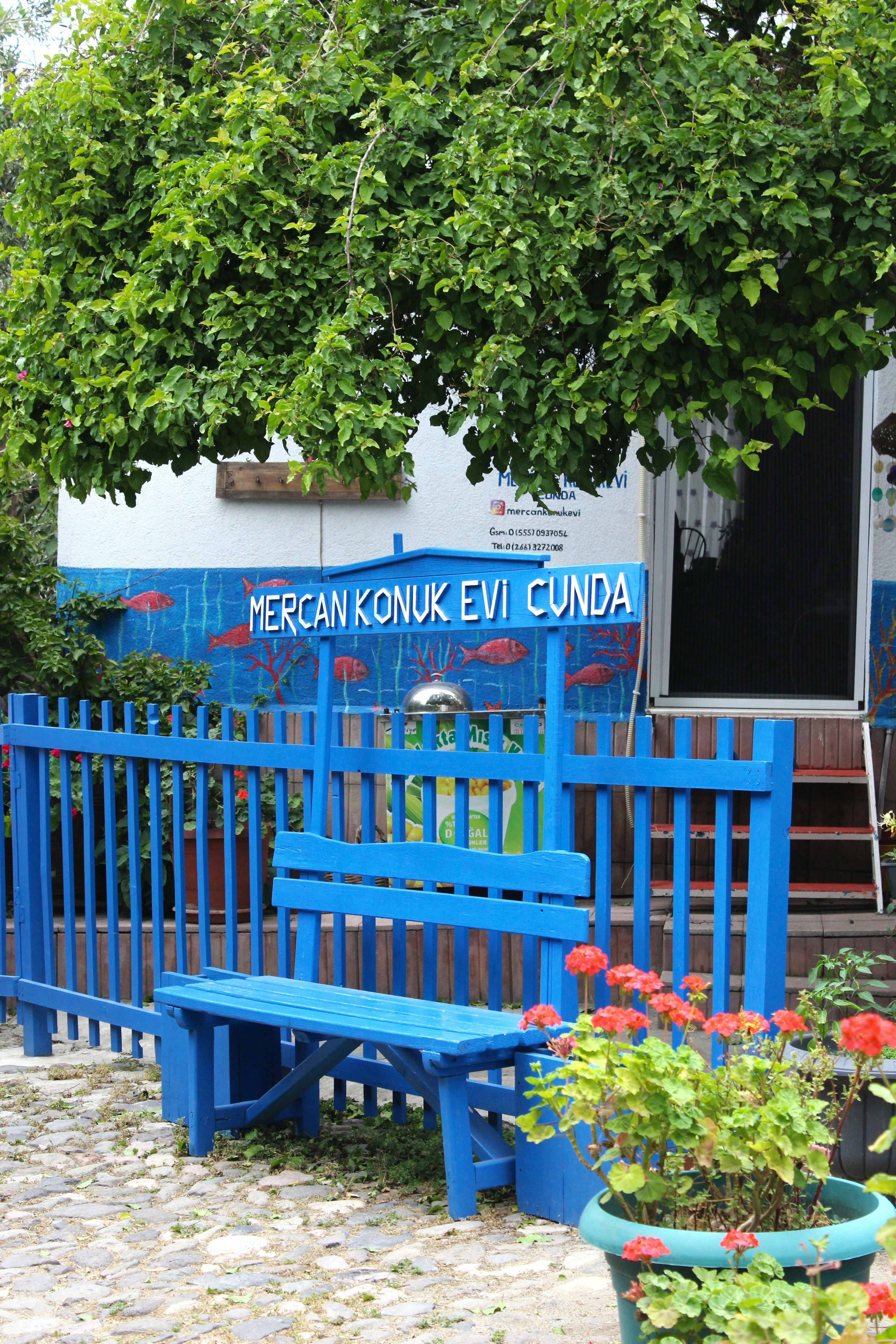 Blue bench and fence outside a building
