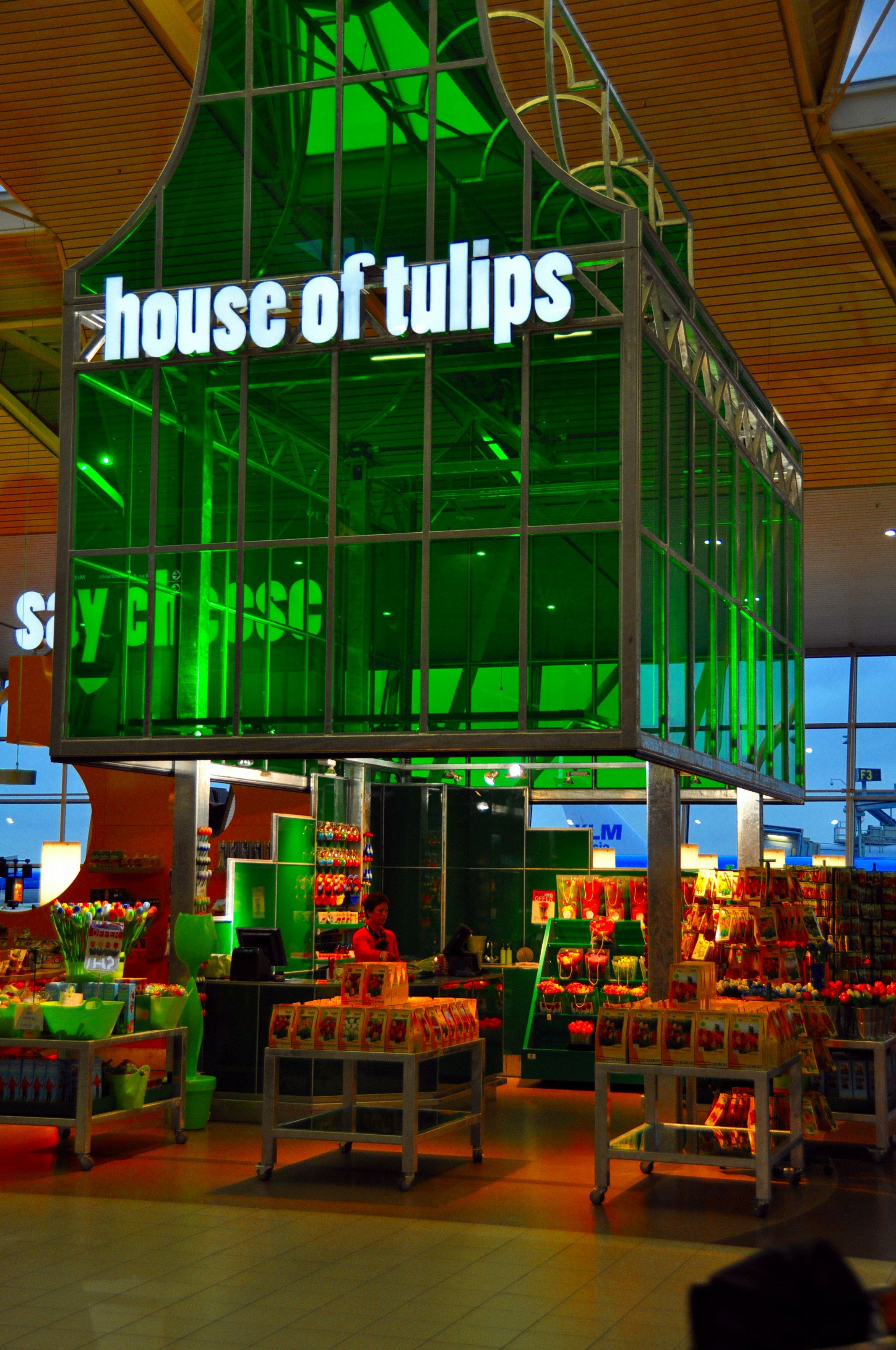 '튤립의 집' 간판이 있는 녹색 유리 구조물