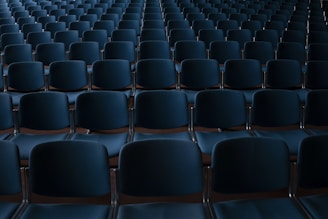 Rows of empty blue theater seats in dim lighting