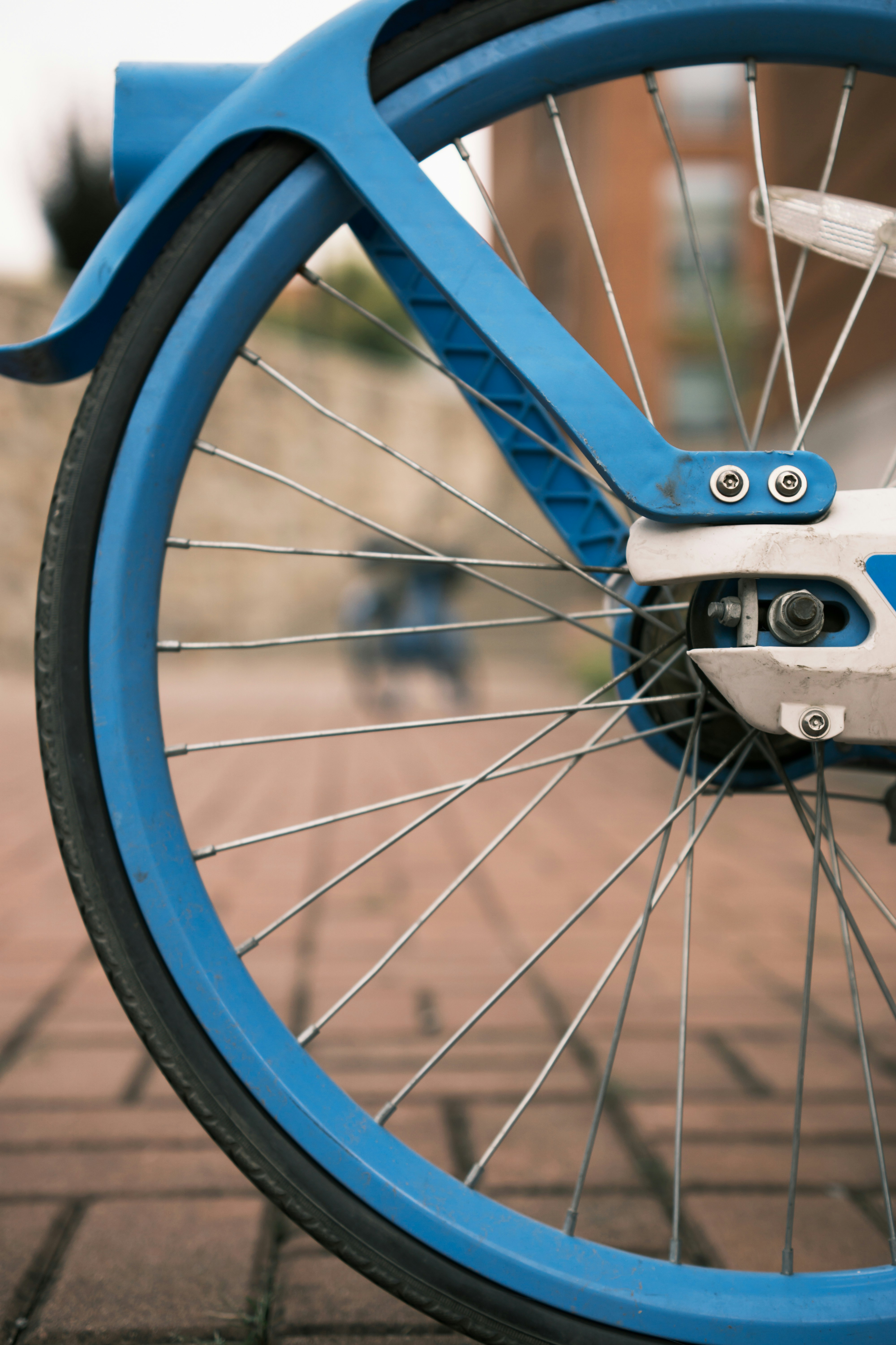 Close-up of a blue bicycle wheel and spokes.