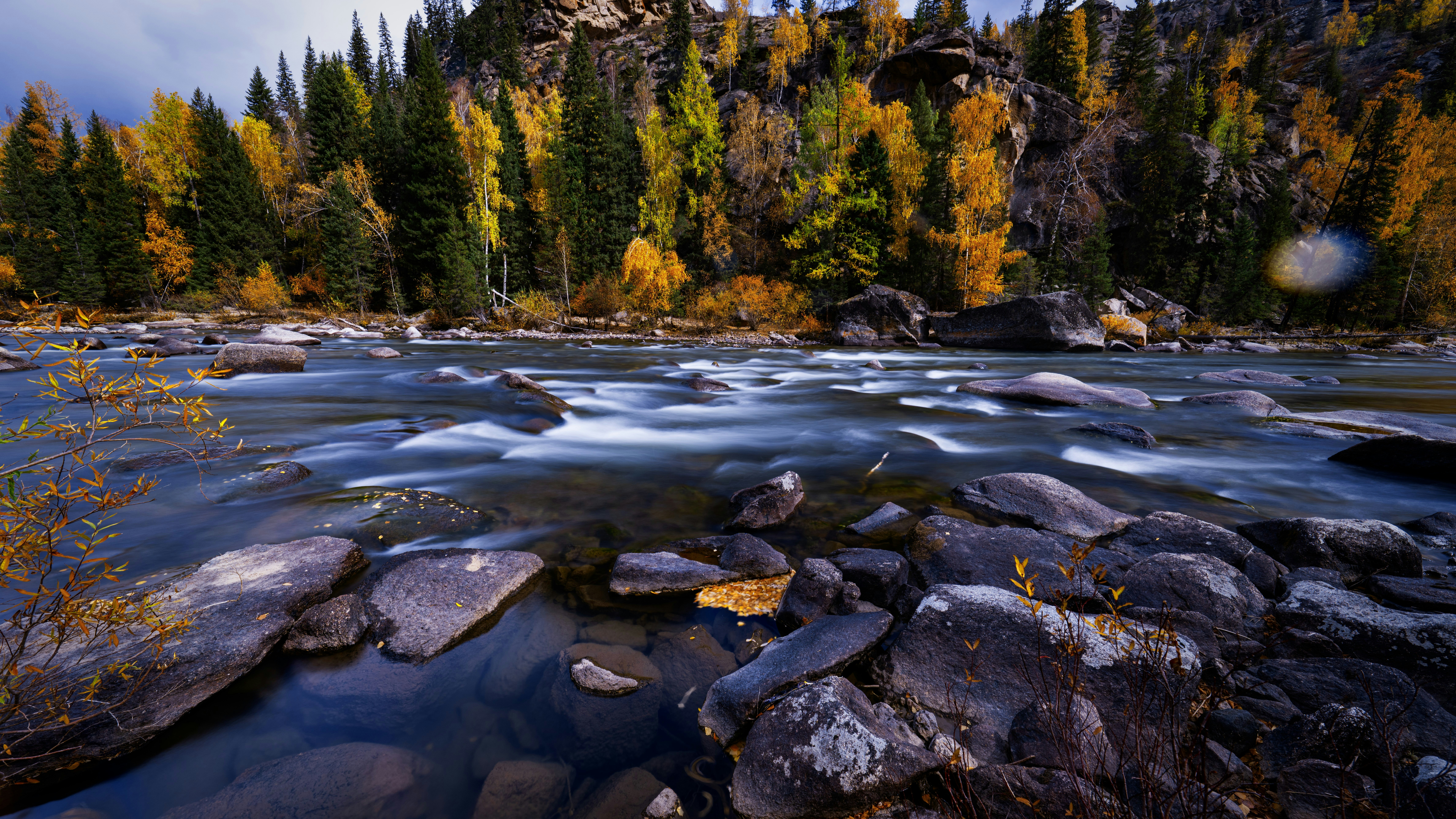 Mountain river flowing through autumn forest with rocks