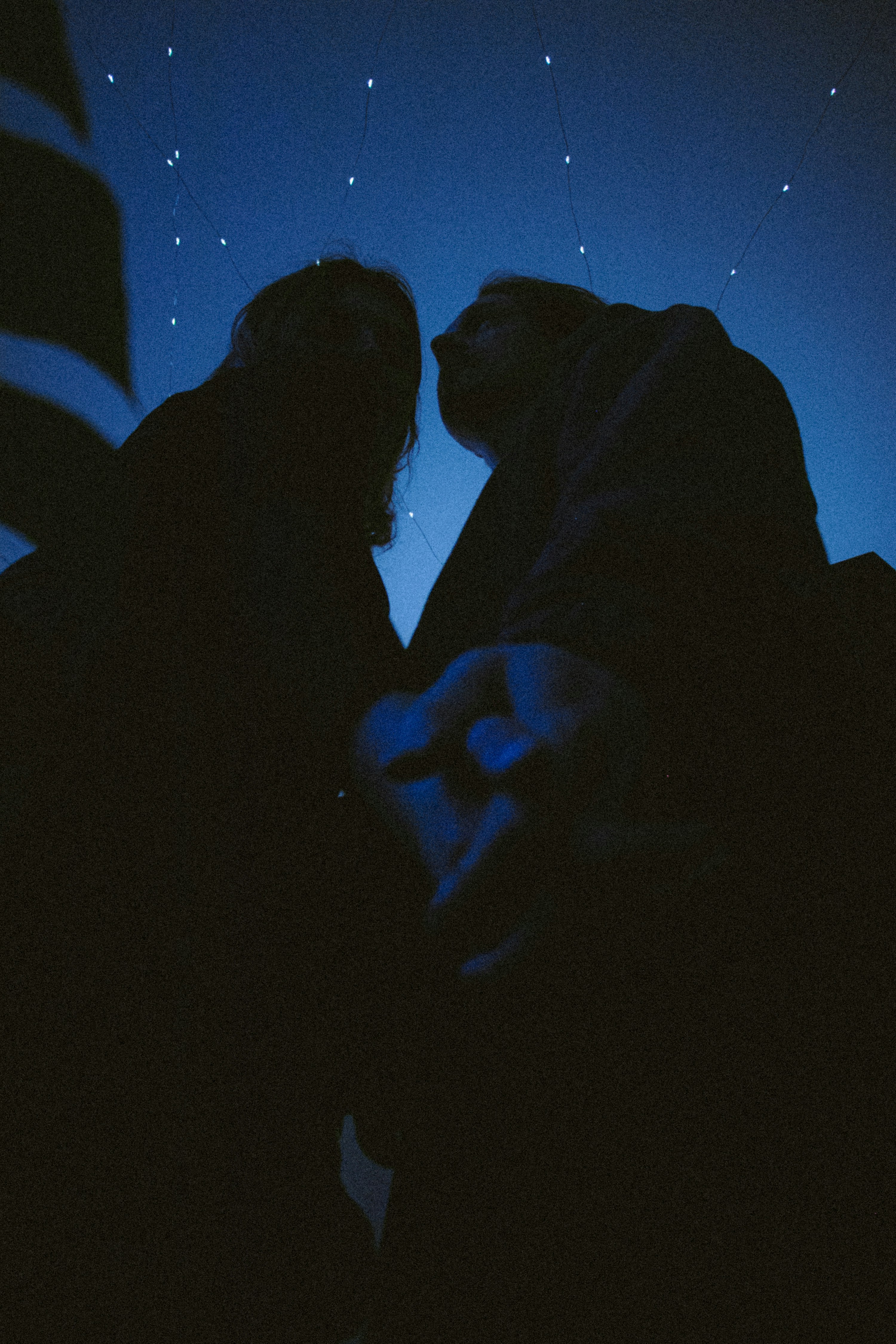 Silhouettes of two people against a starry night sky.