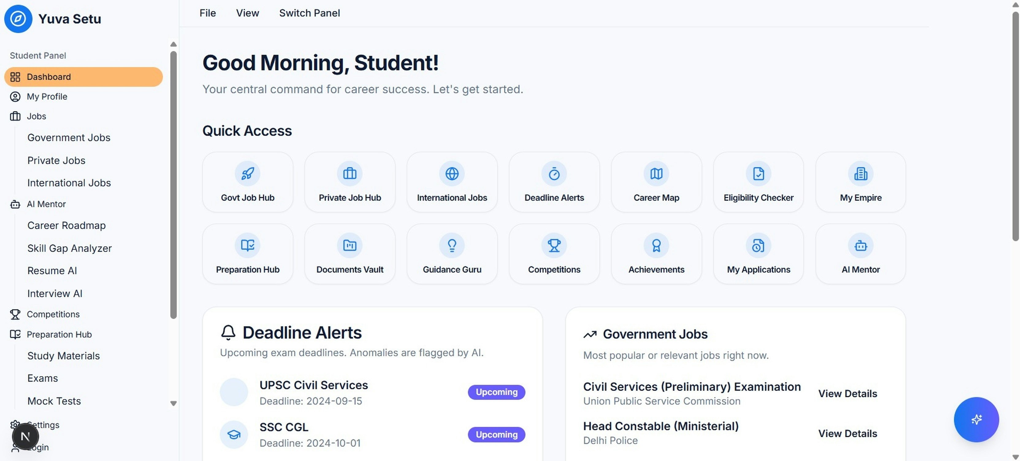 Student dashboard with quick access and alerts.