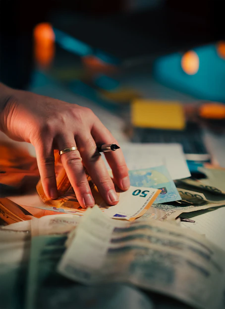 Hand reaching for a stack of euro banknotes
