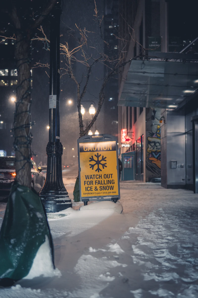 Caution ice and snow sign on a snowy sidewalk