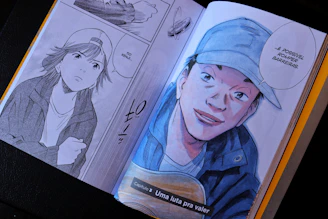 Open book displaying manga panels with character portraits.