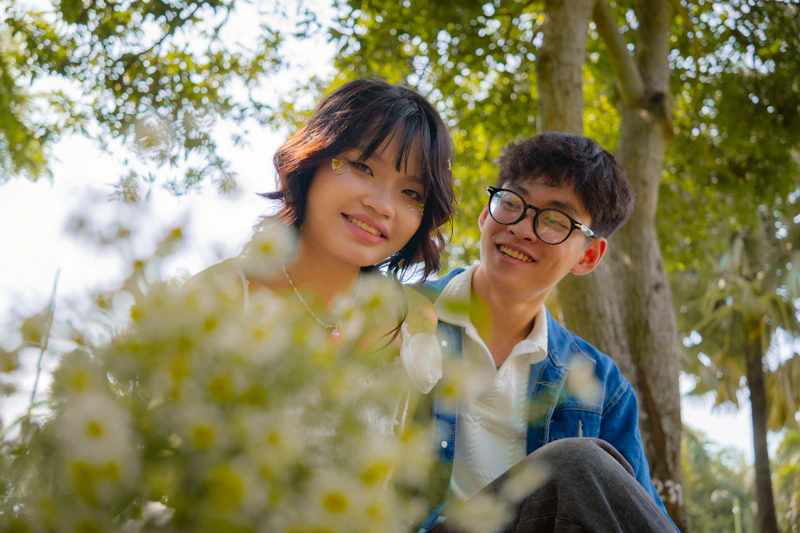 Young couple in love smiling in a park