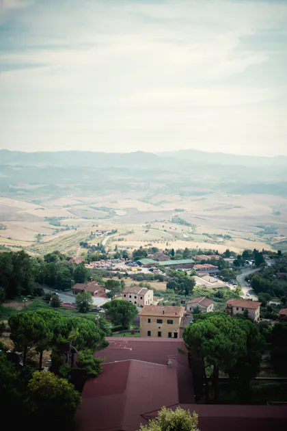 Rolling countryside with a hillside village
