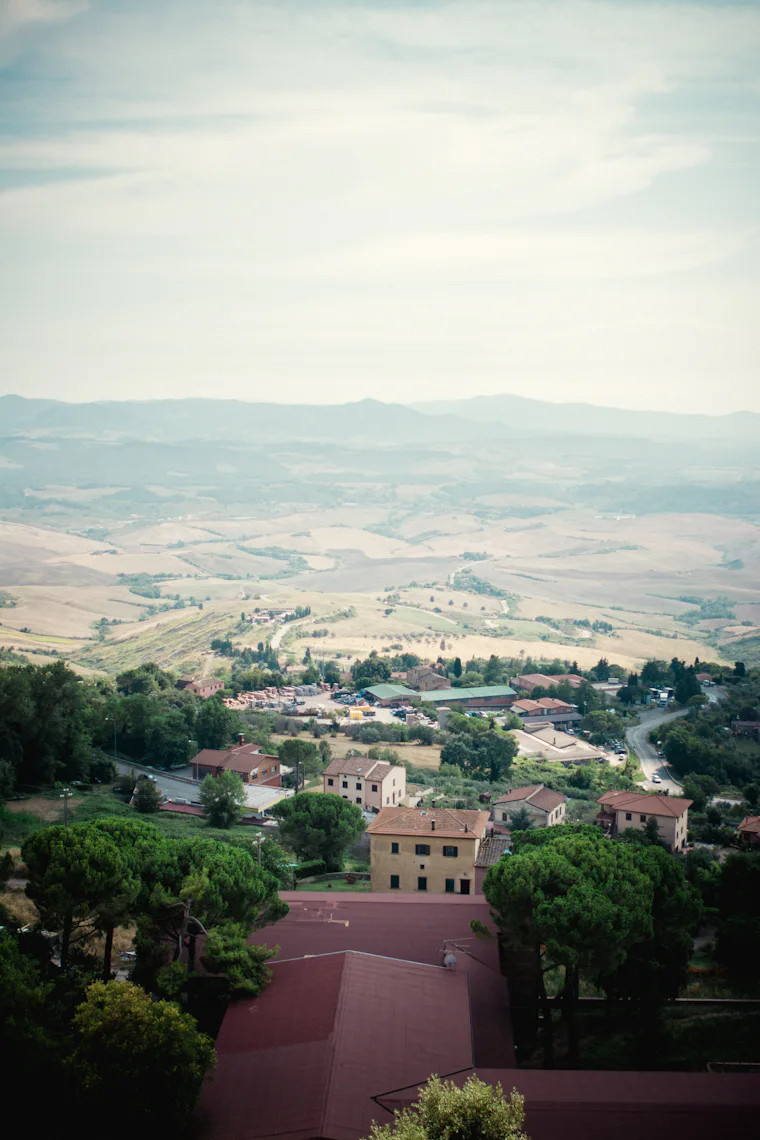 Rolling countryside with a hillside village