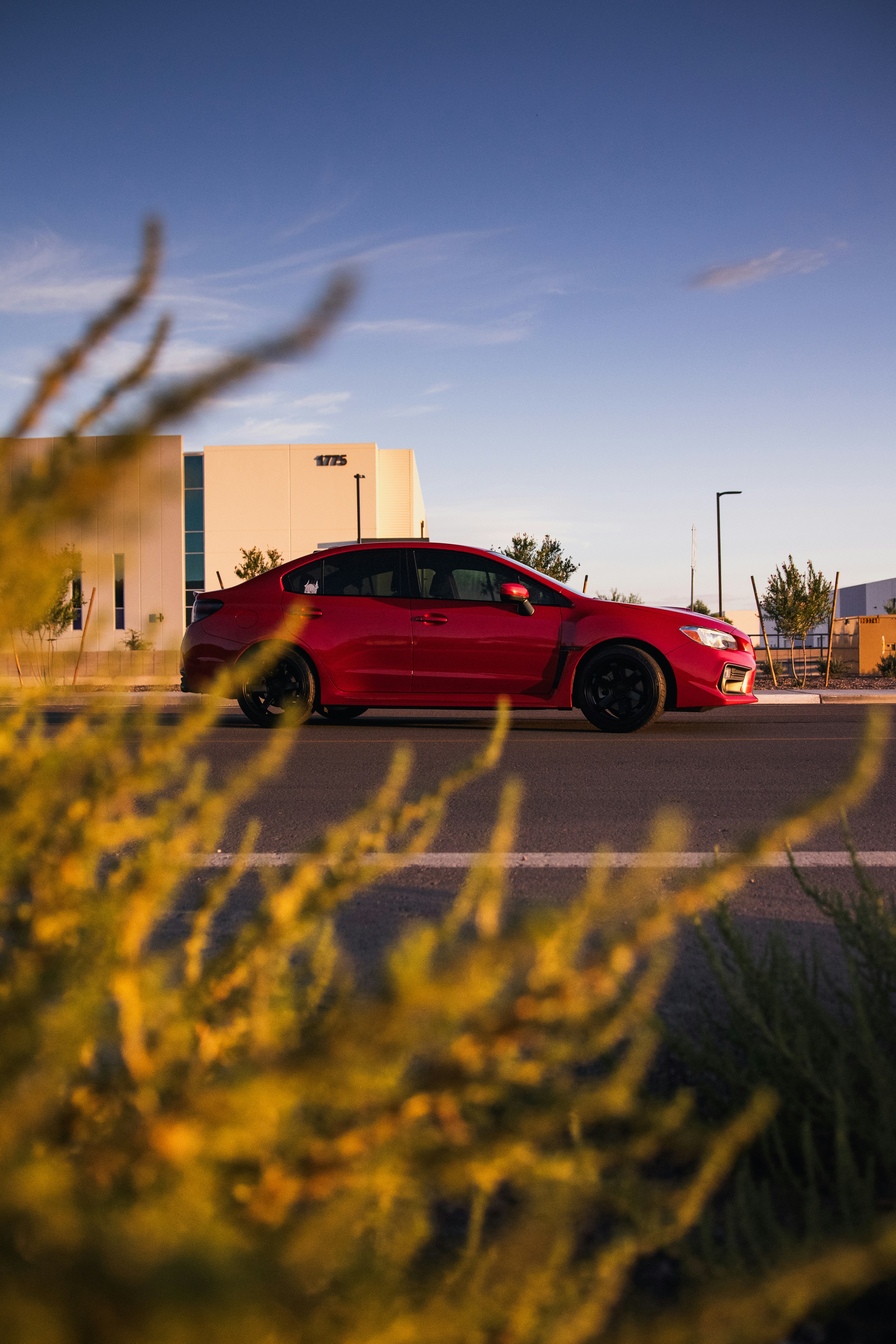 Red sedan parked on a street with foliage.