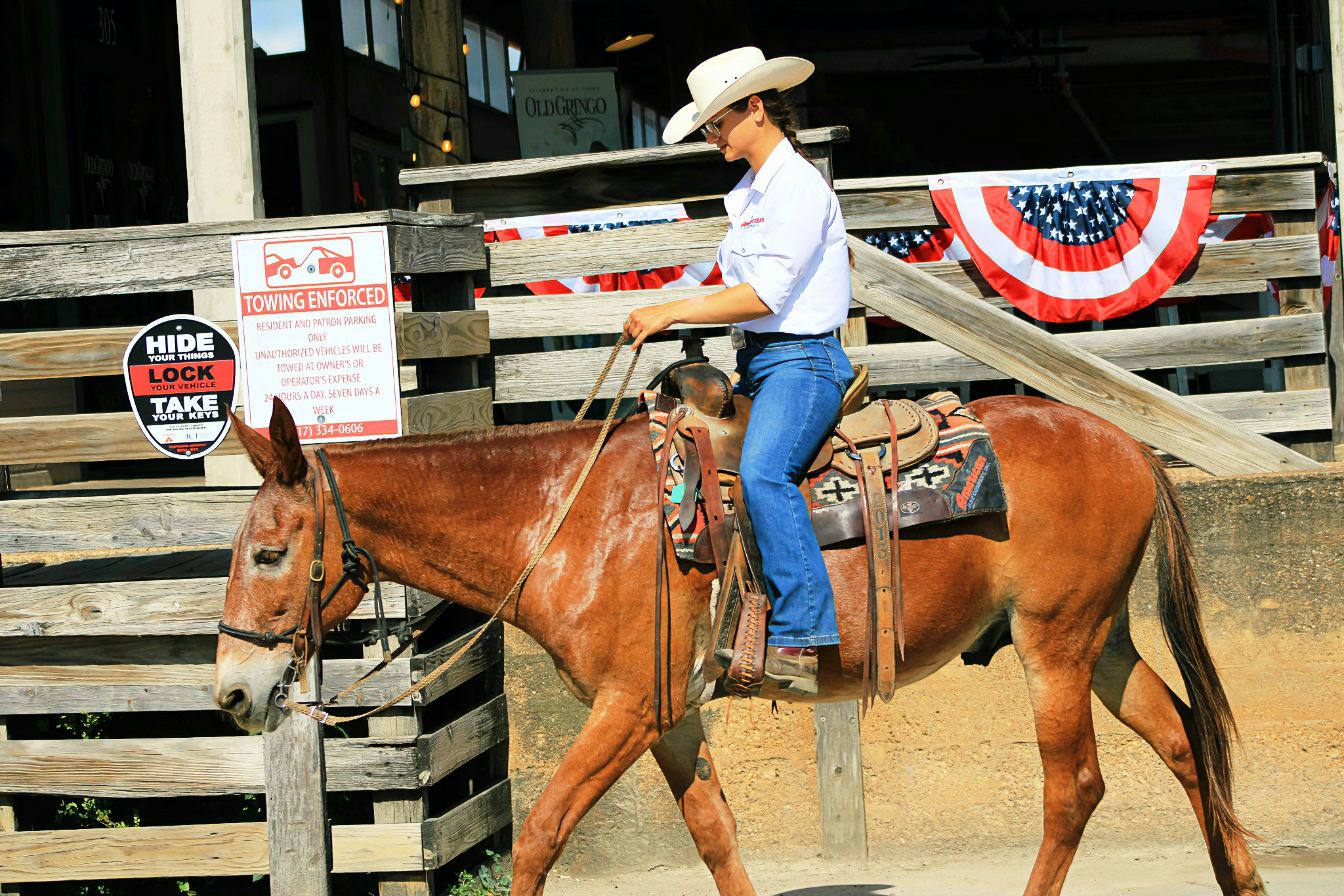Woman in cowboy hat riding a brown mule