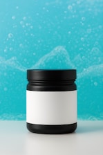 Black jar with white label on blue background