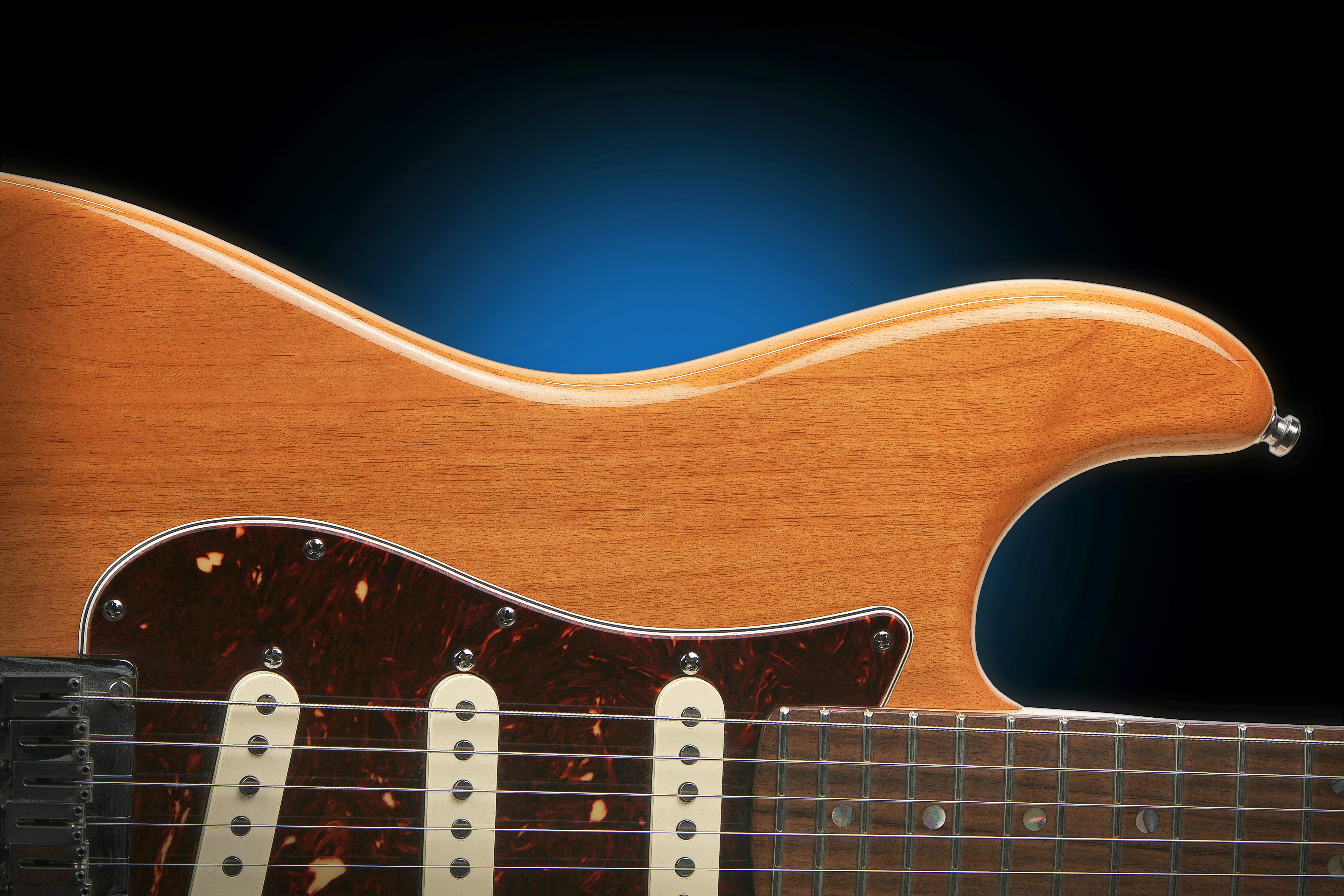 Nahaufnahme eines hölzernen E-Gitarrenkörpers