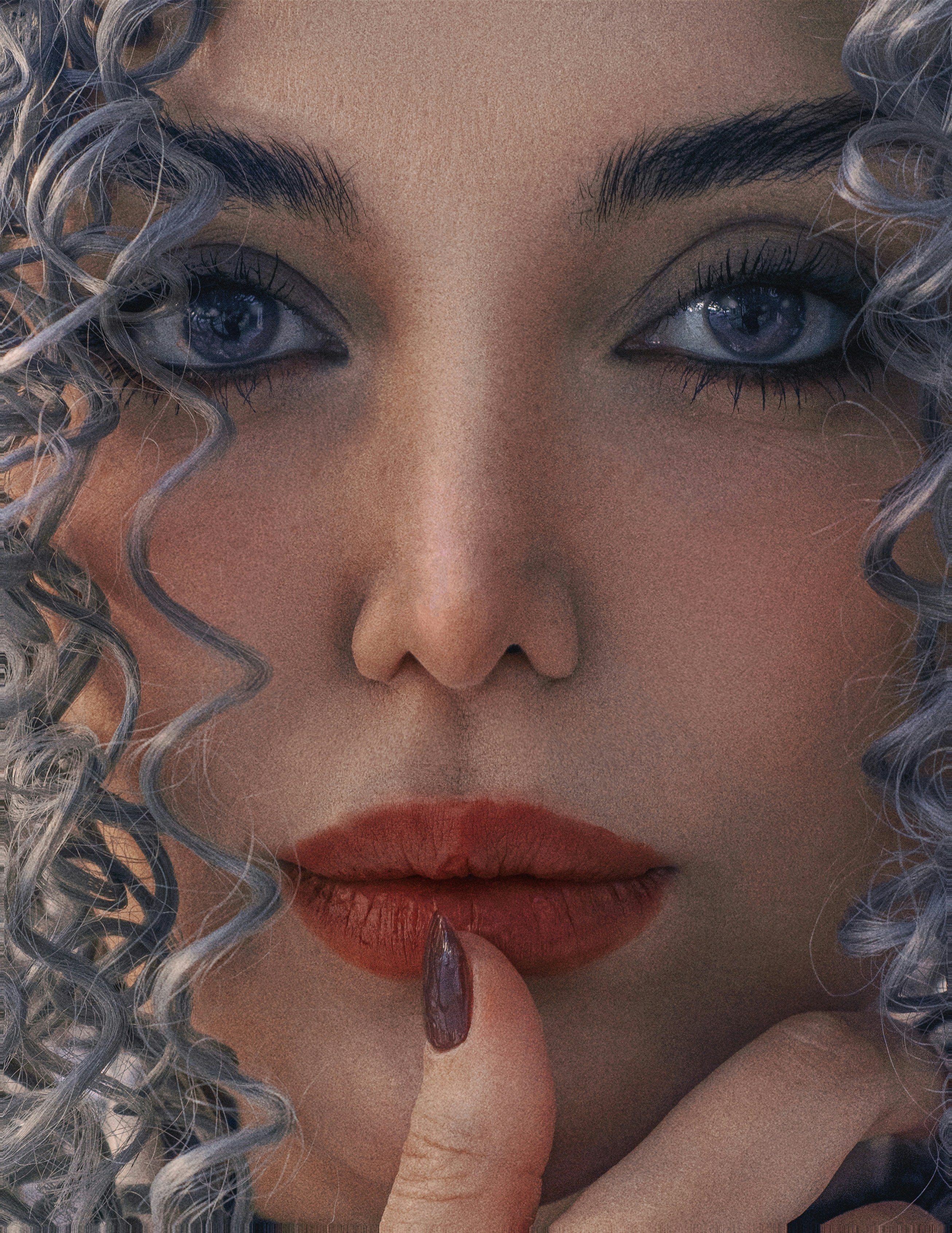 Woman with curly gray hair and red lipstick