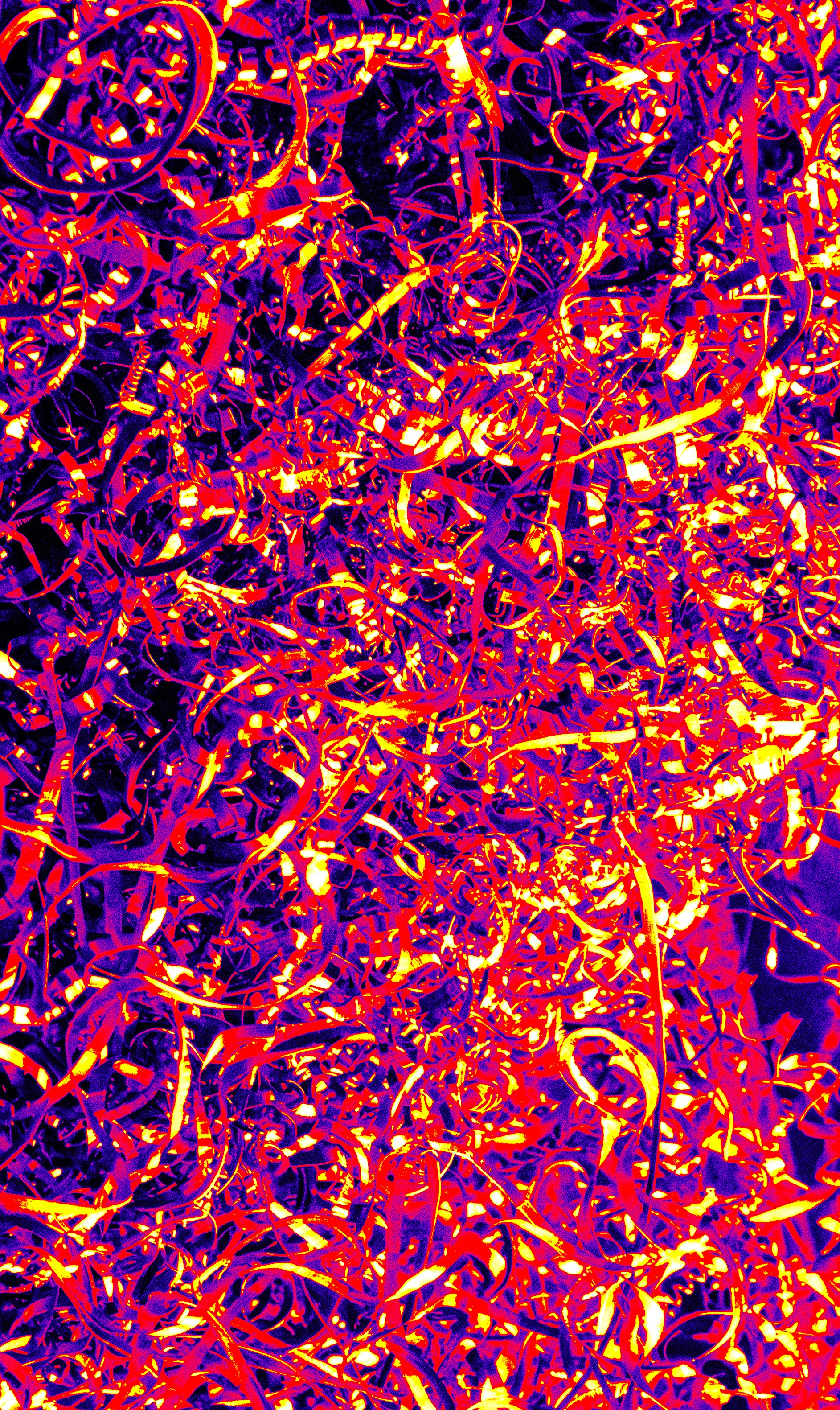 Abstract pattern of colorful swirling lines and tangled strands.