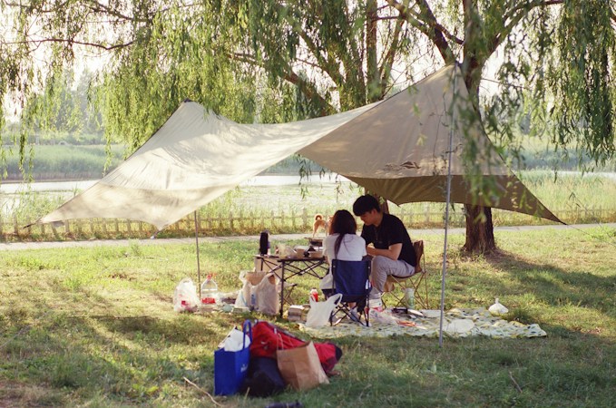 Two people at a camp table under a two-tone tan tarp pitched on poles between willow trees, bags and a picnic blanket on the grass