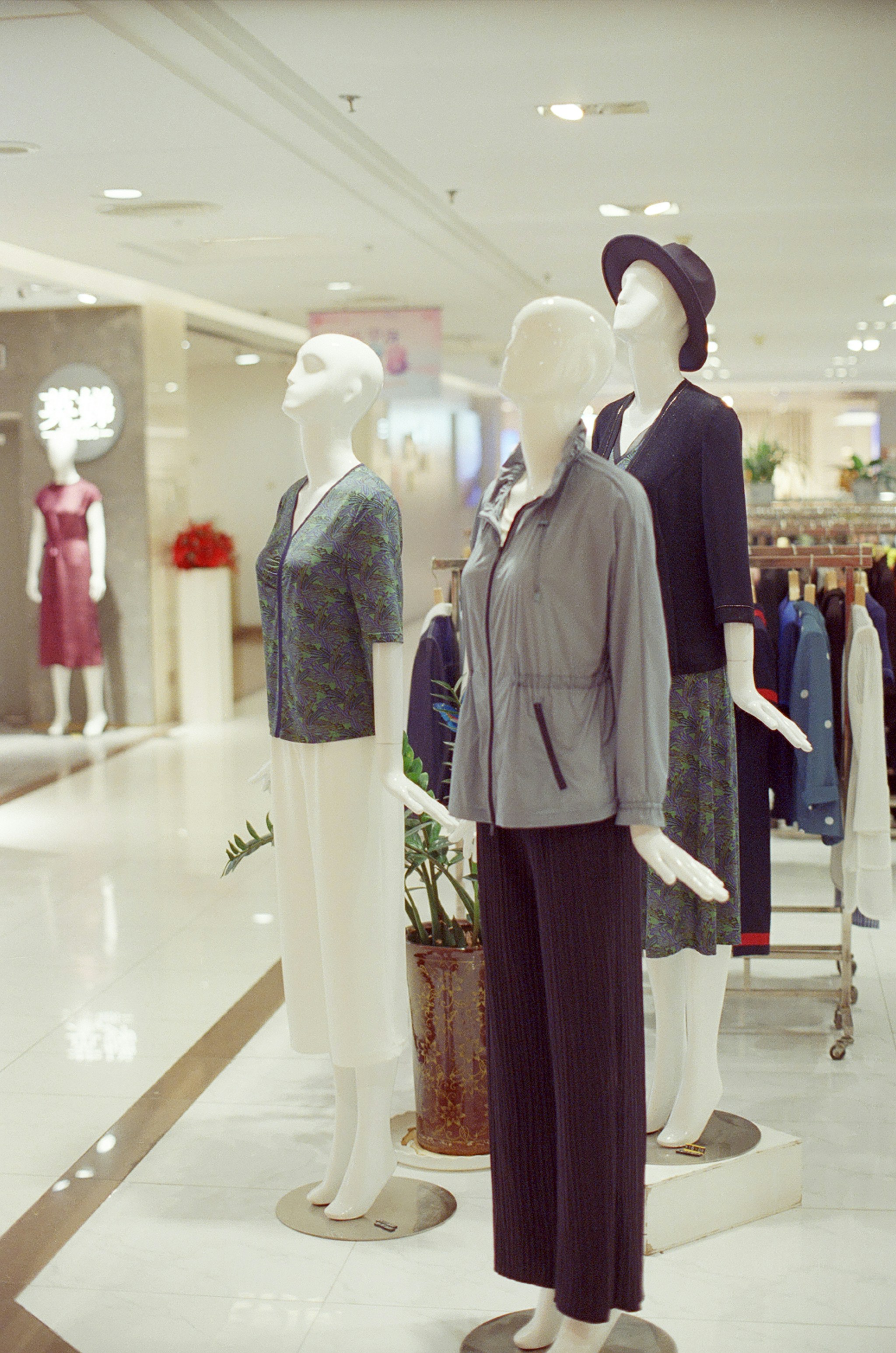 Mannequins displaying casual women's clothing in store.