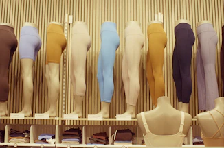 Mannequins display colorful leggings and athletic wear.
