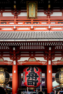 Traditional japanese temple gate with large red lantern.