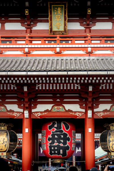 Traditional japanese temple gate with large red lantern.
