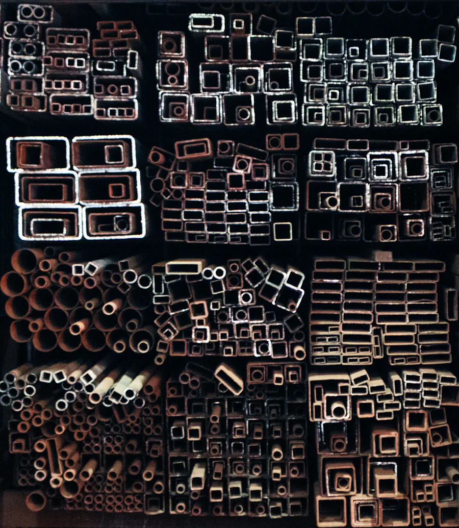 Grid of aluminium tubes and hollow sections viewed end-on
