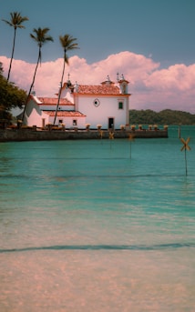 White church with palm trees by the turquoise ocean.