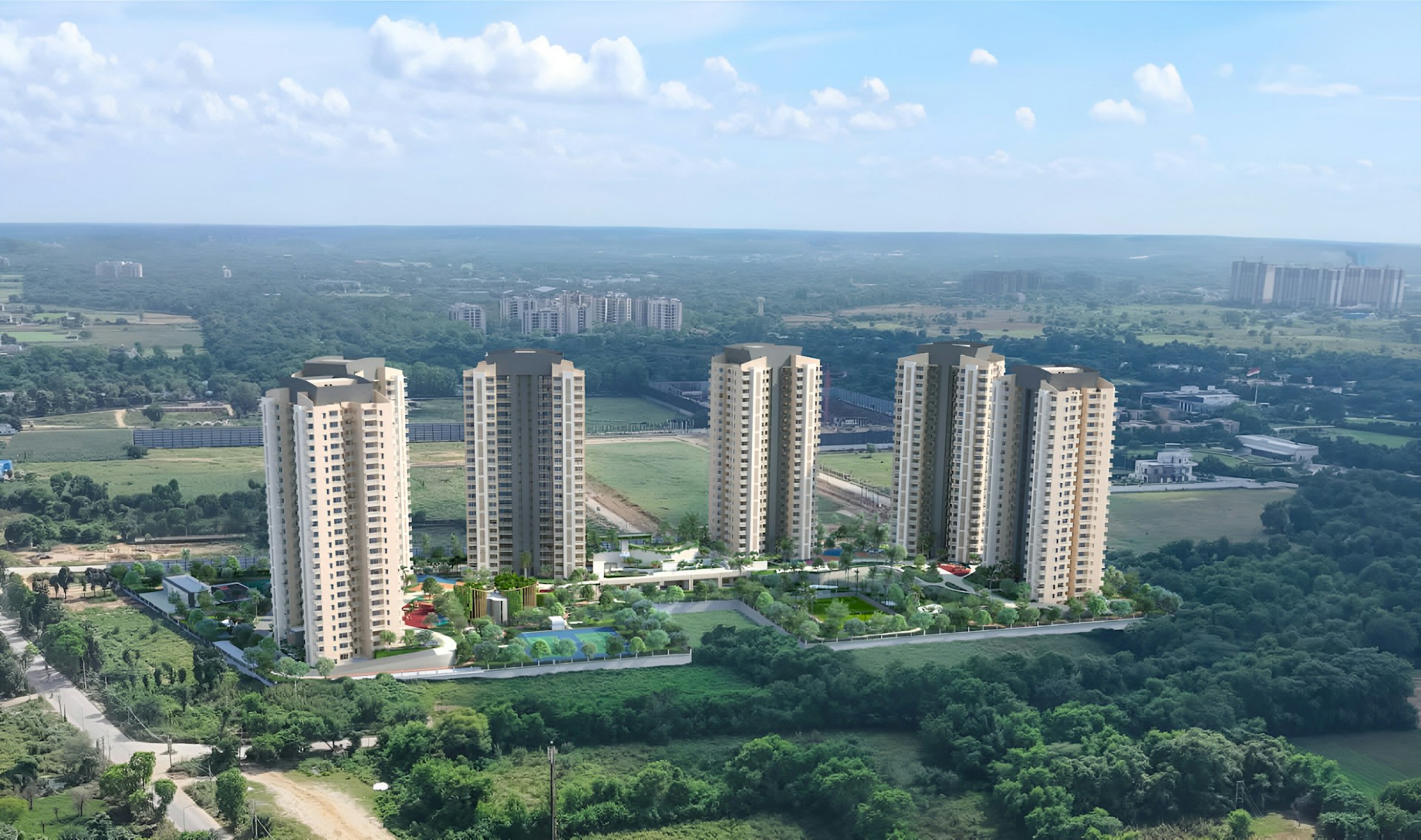 Modern apartment buildings surrounded by green trees.